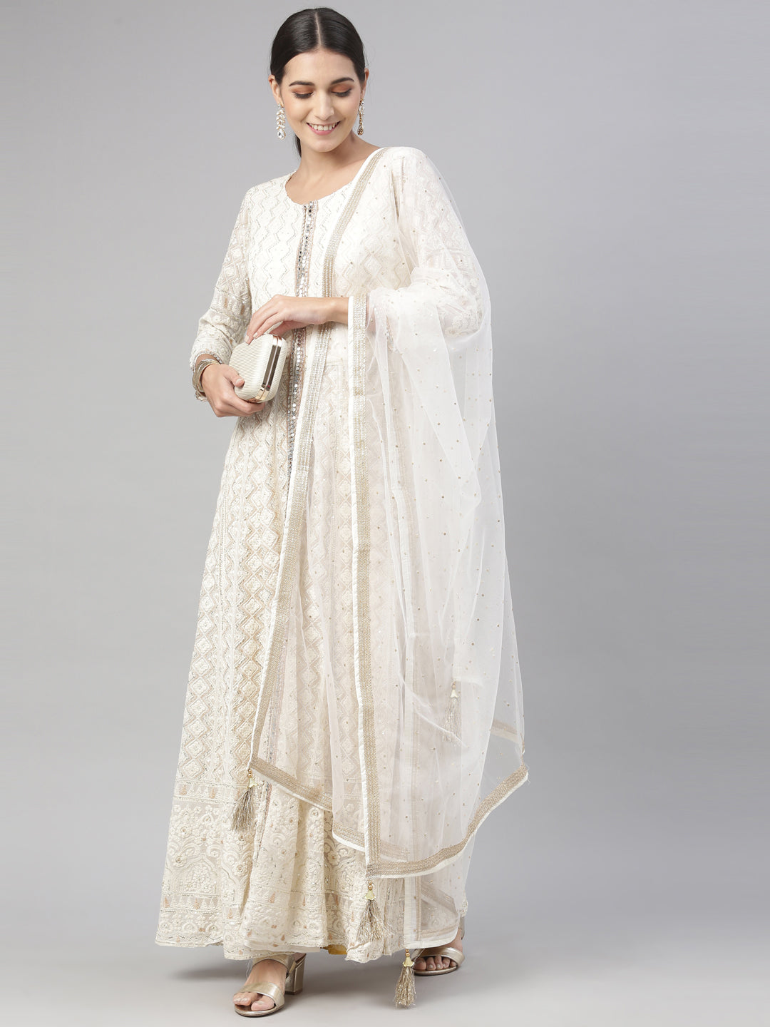 Neerus White georgette embroidered kurta set - detail view 6