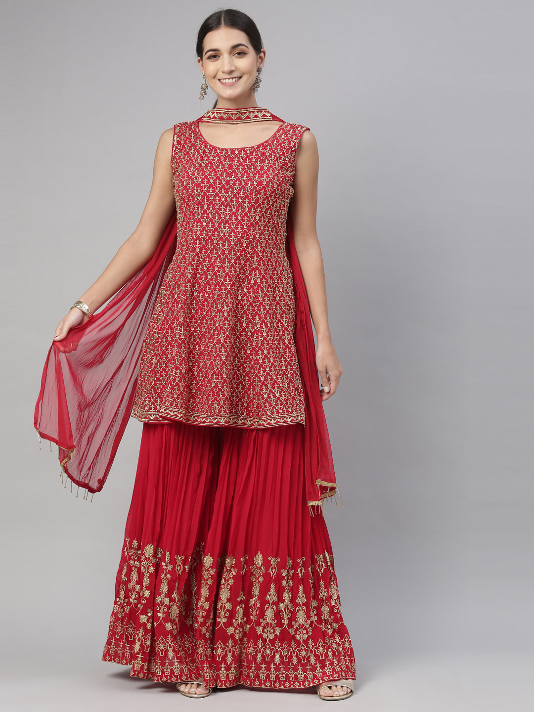 Neerus Pink georgette printed kurta set - front view