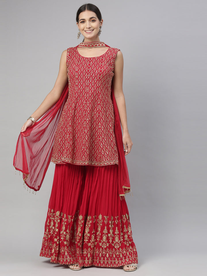 Neerus Pink georgette printed kurta set - front view