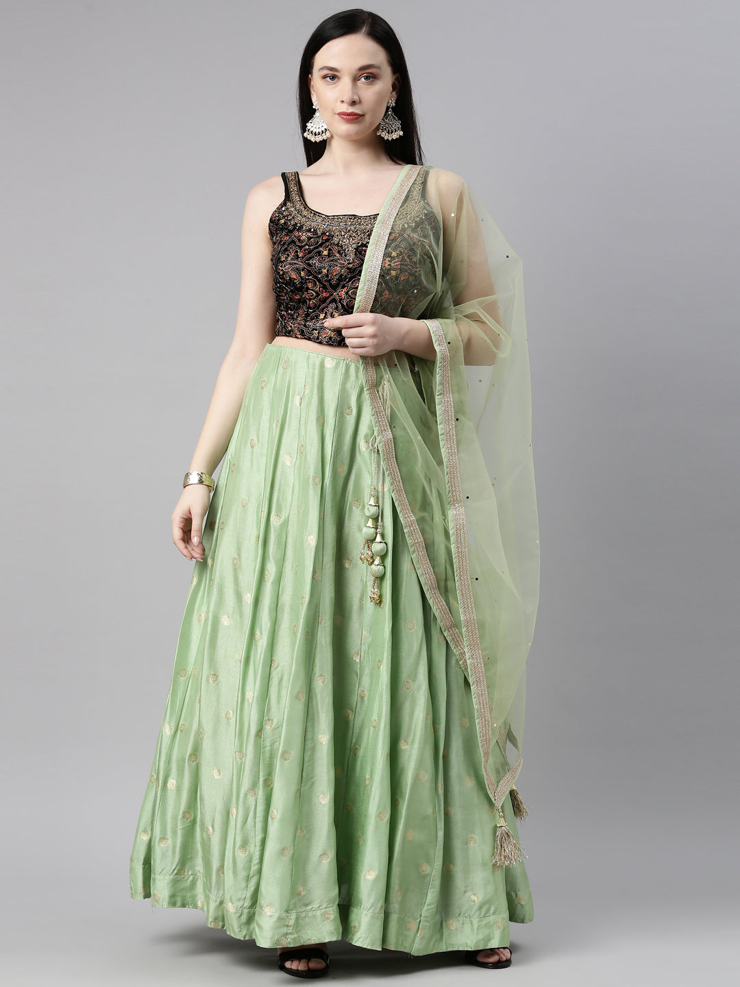 Neerus Green Ethnic Woven Banarasi Flared Lehenga - Choli + Lehenga + Dupatta for Wedding Women Neerus India Neerus Green Ethnic Woven Banarasi Flared Lehenga - Choli + Lehenga + Dupatta for Wedding Women Neerus India