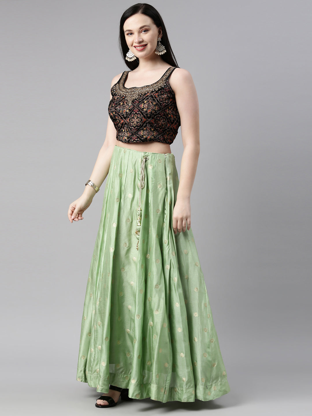 Neeru'S Pista Green Color Banaras Fabric Lehenga Choli