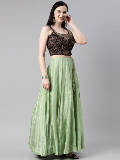 Neeru'S Pista Green Color Banaras Fabric Lehenga Choli