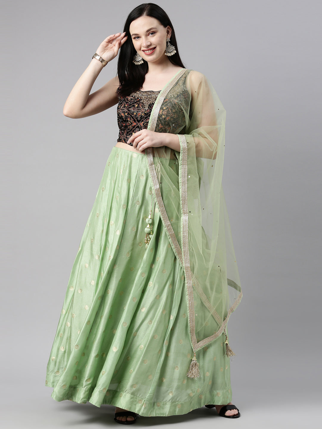 Neerus Pista Green Color Banaras Fabric Lehenga Choli