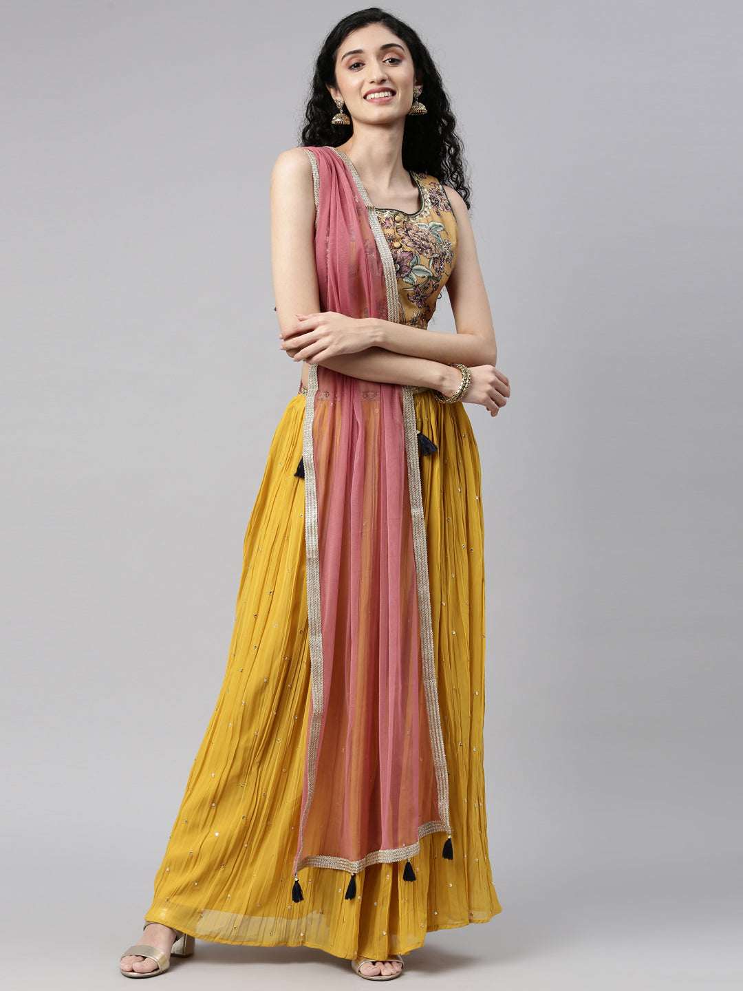 Neerus Mustard Color Georgette Fabric Lehenga Set