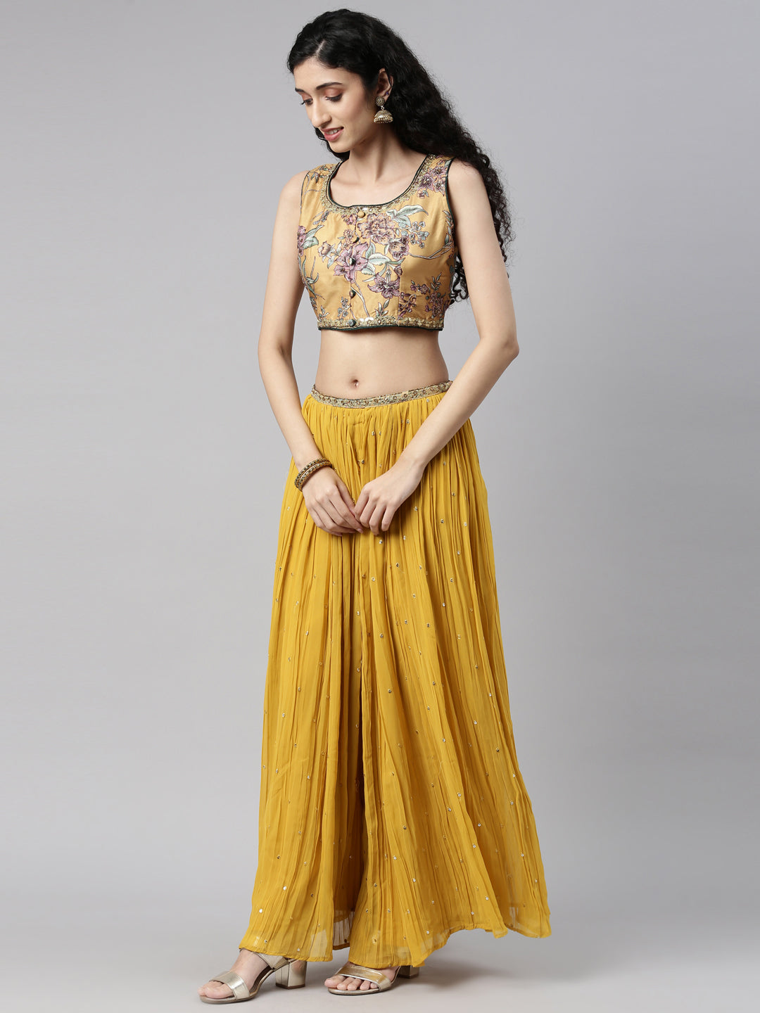 Neerus Mustard Color Georgette Fabric Lehenga Set
