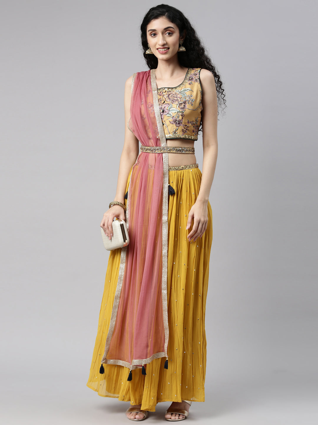 Neerus Mustard Color Georgette Fabric Lehenga Set