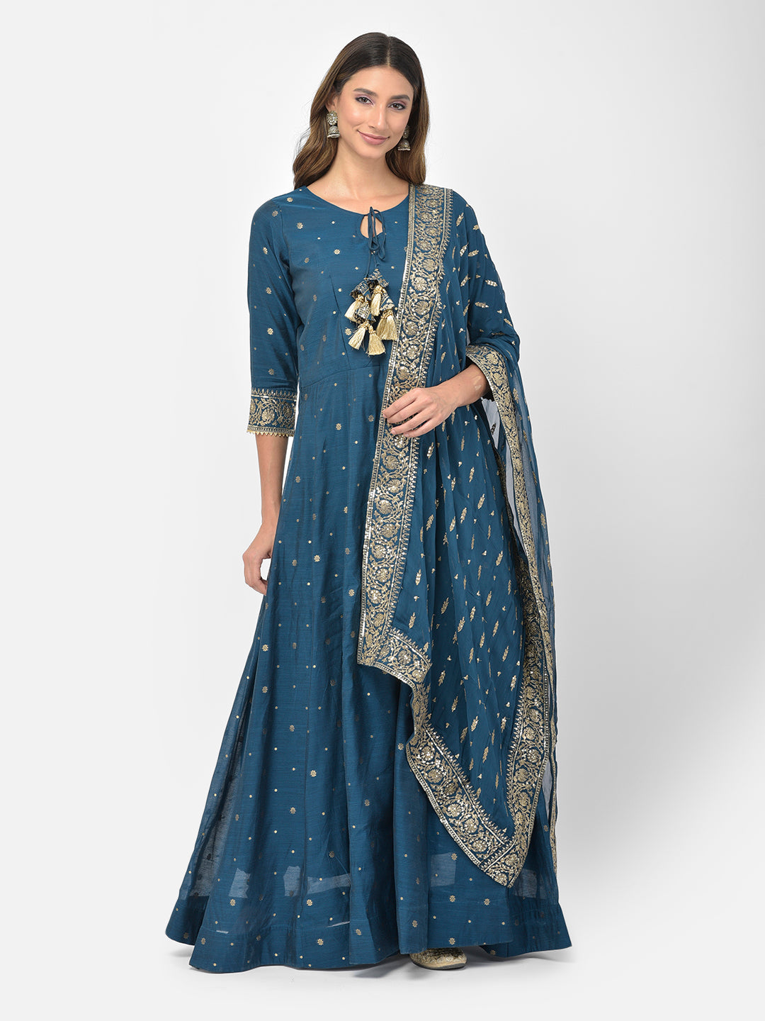 Neerus Blue Chanderi embroidered Anarkali kurta set - back view