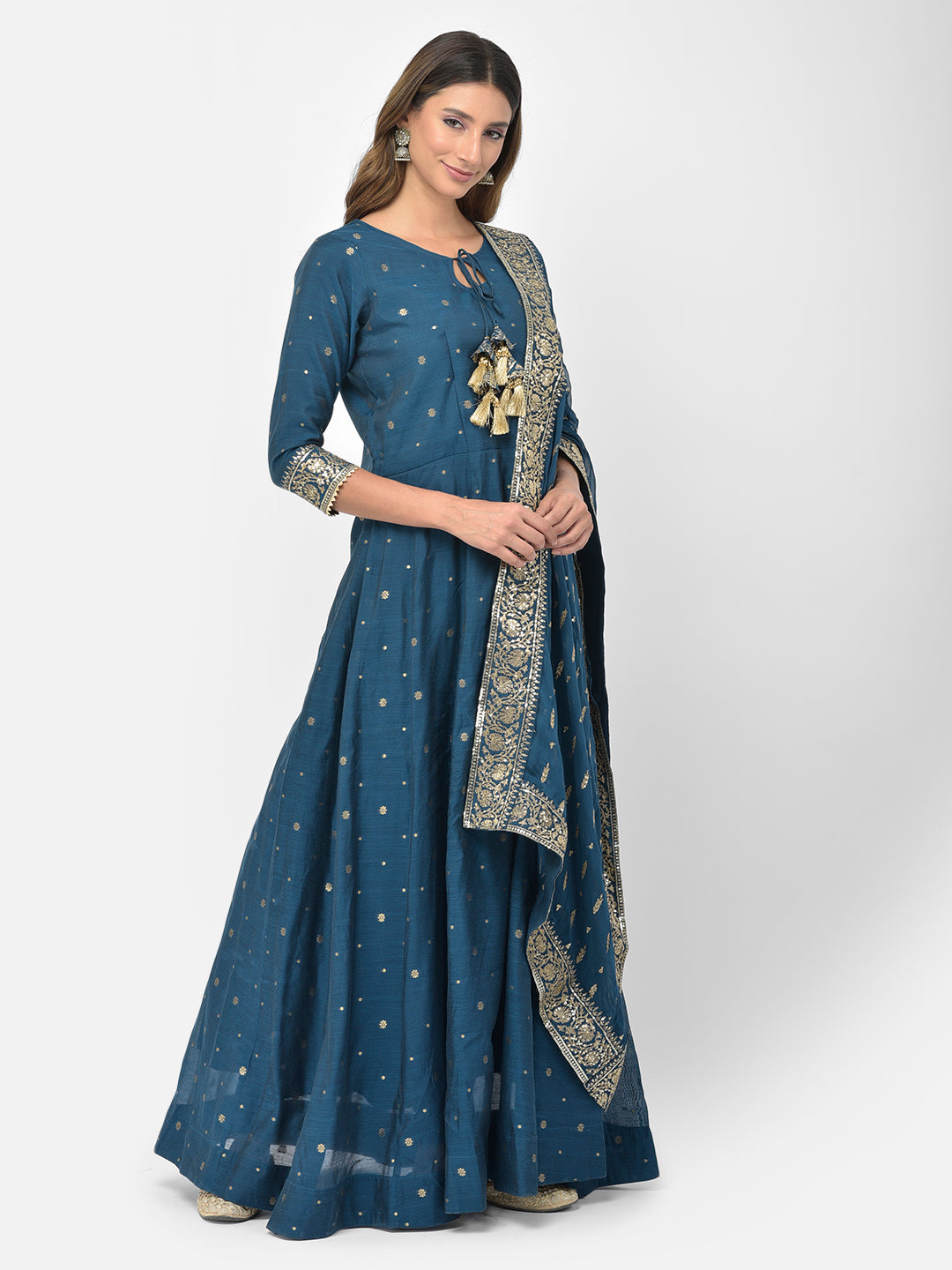 Neerus Blue Chanderi embroidered Anarkali kurta set - side view