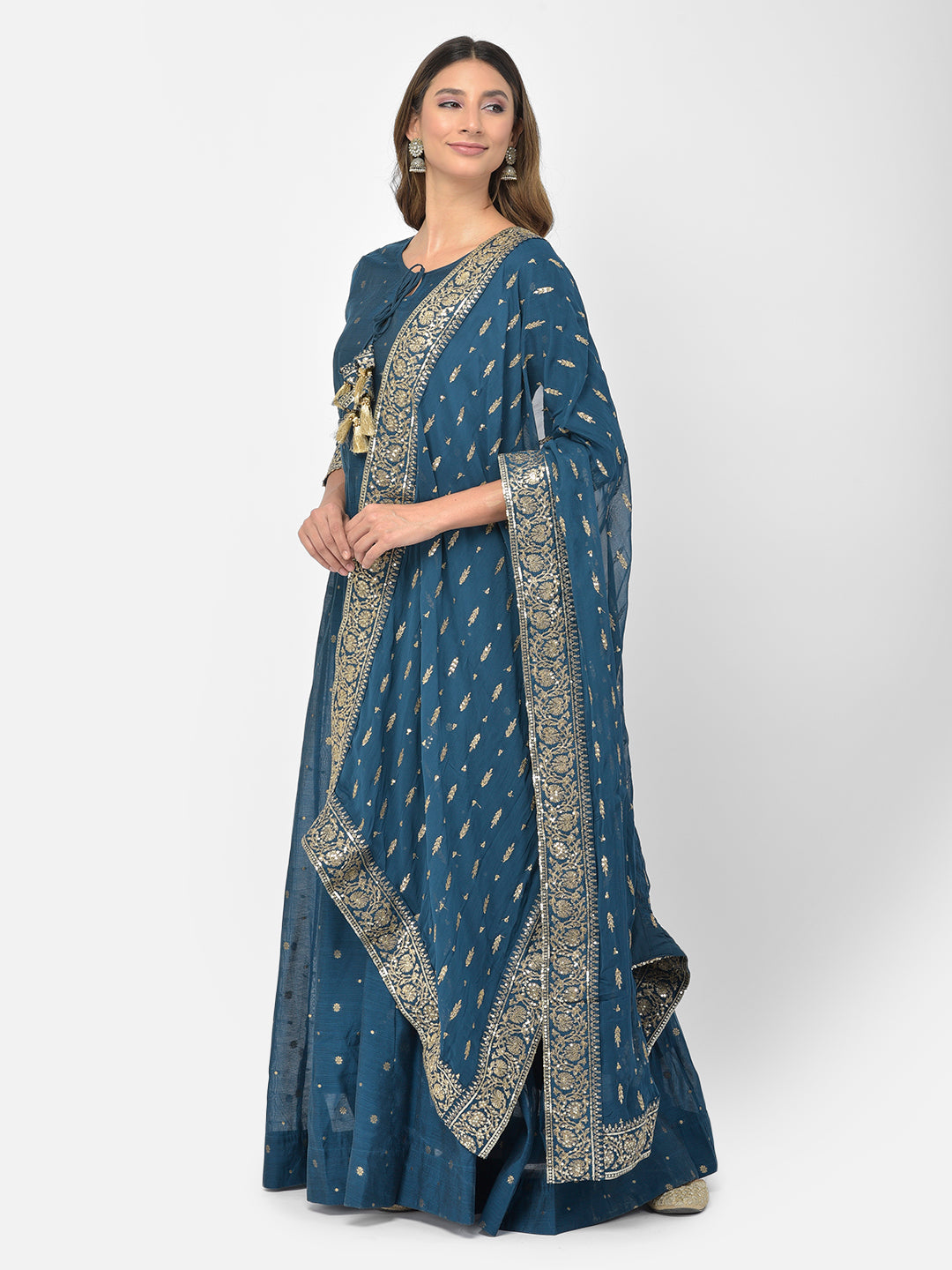 Neerus Blue Chanderi embroidered Anarkali kurta set - detail view 1