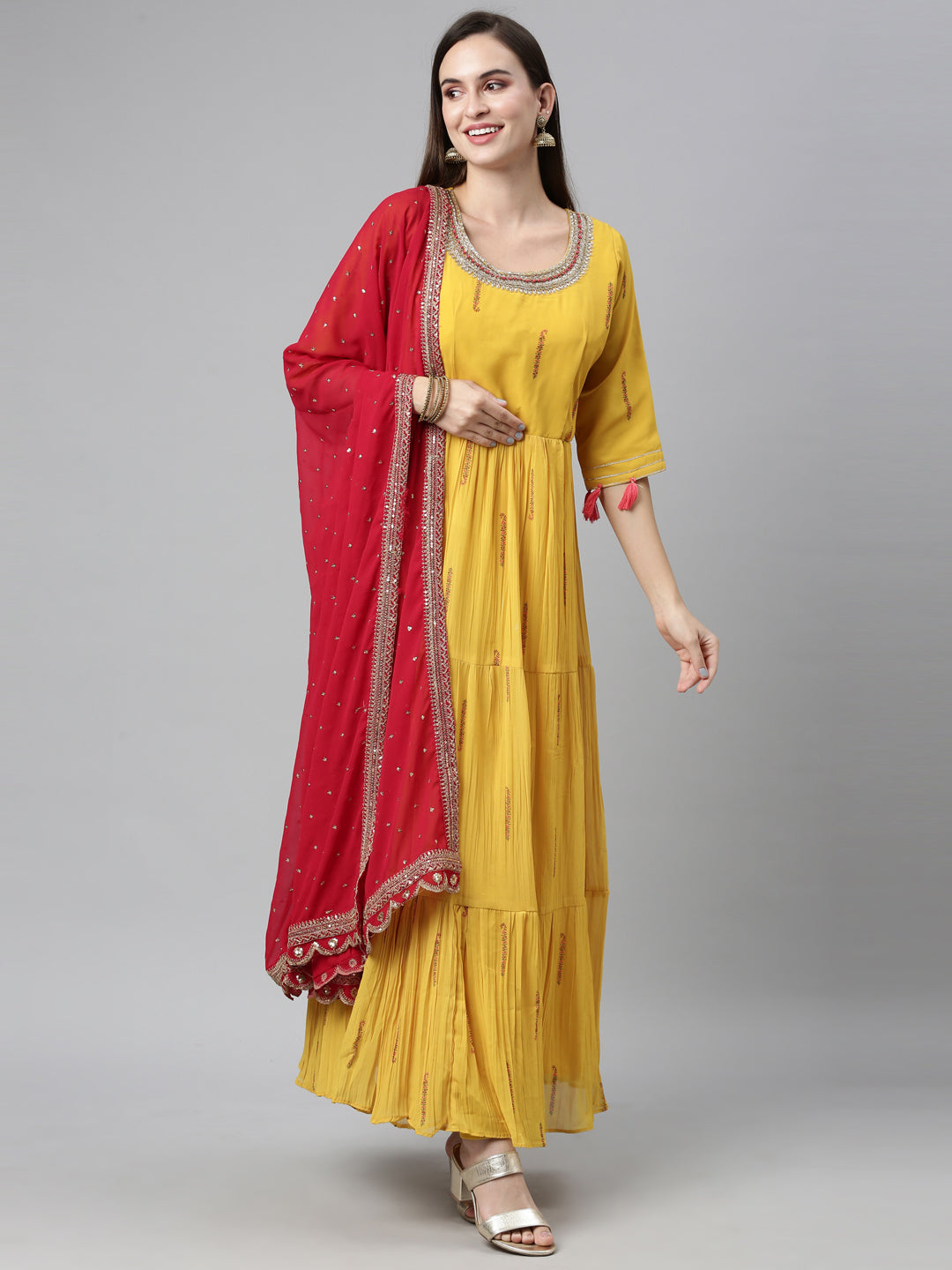 Neerus Yellow Color Poly Georgette Fabric Kurta Sets With Dupatta