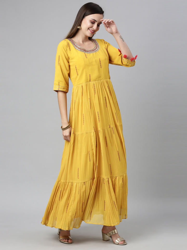 Neerus Yellow Color Poly Georgette Fabric Kurta Sets With Dupatta