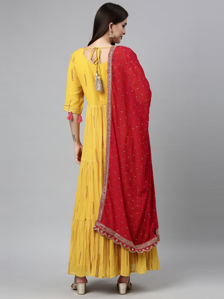 Neerus Yellow Color Poly Georgette Fabric Kurta Sets With Dupatta