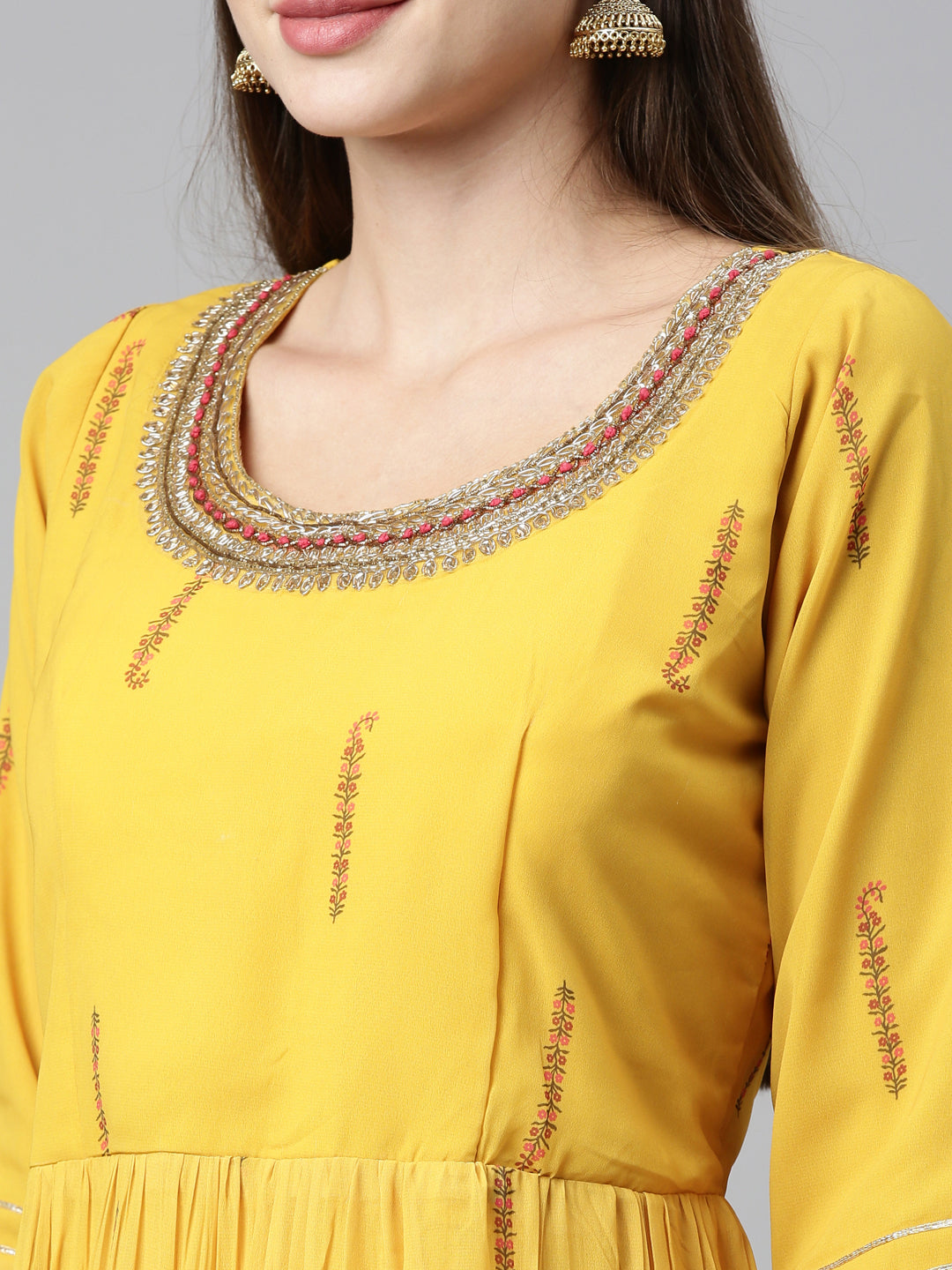 Neerus Yellow Color Poly Georgette Fabric Kurta Sets With Dupatta
