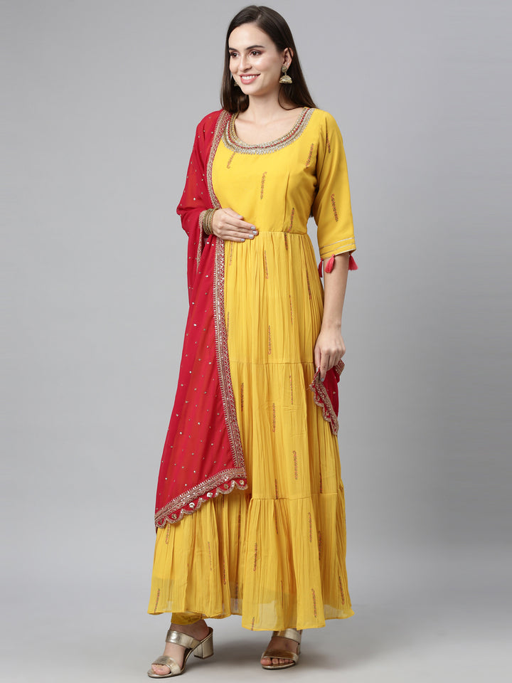 Neerus Yellow Color Poly Georgette Fabric Kurta Sets With Dupatta