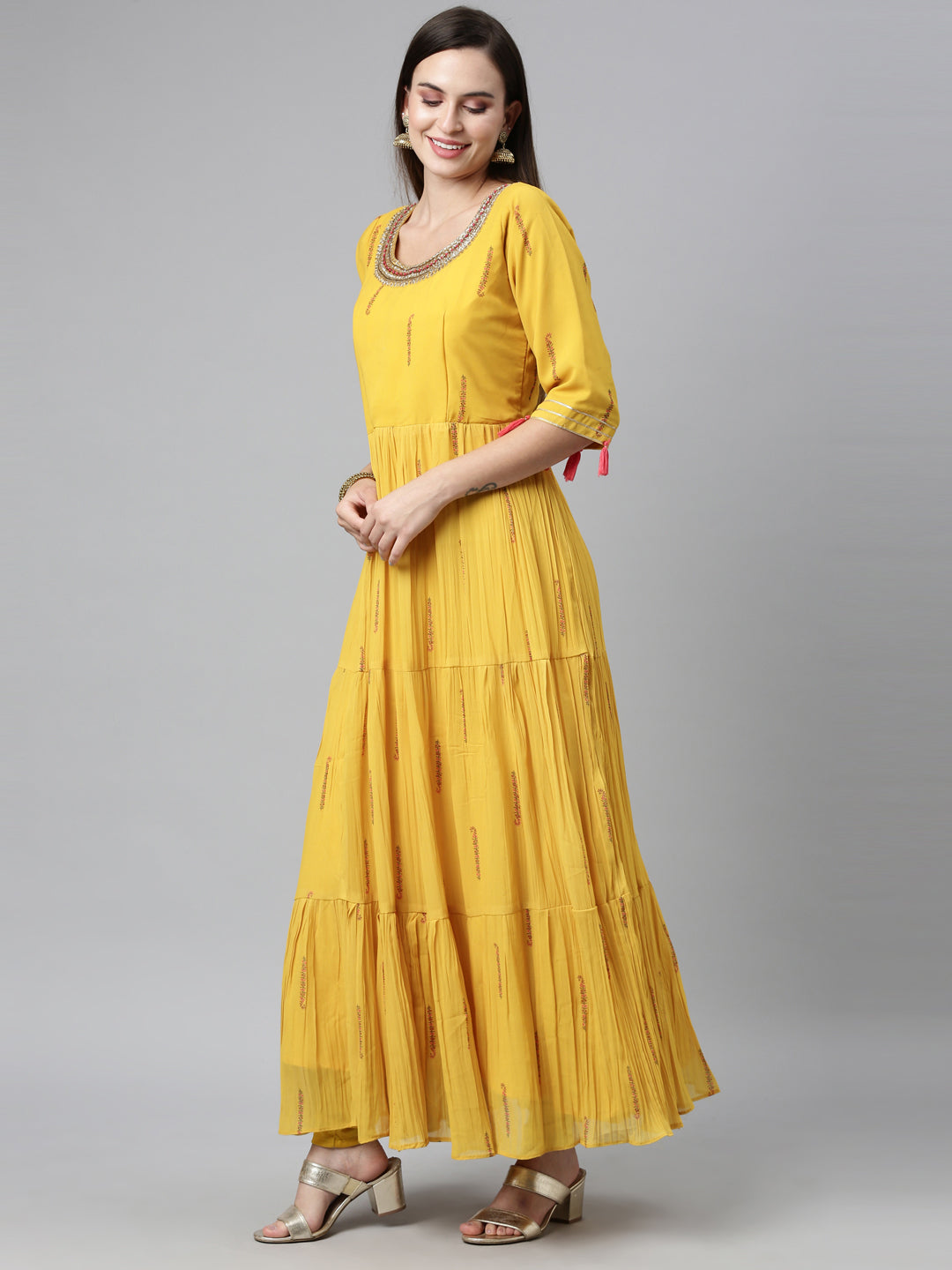 Neerus Yellow Color Poly Georgette Fabric Kurta Sets With Dupatta