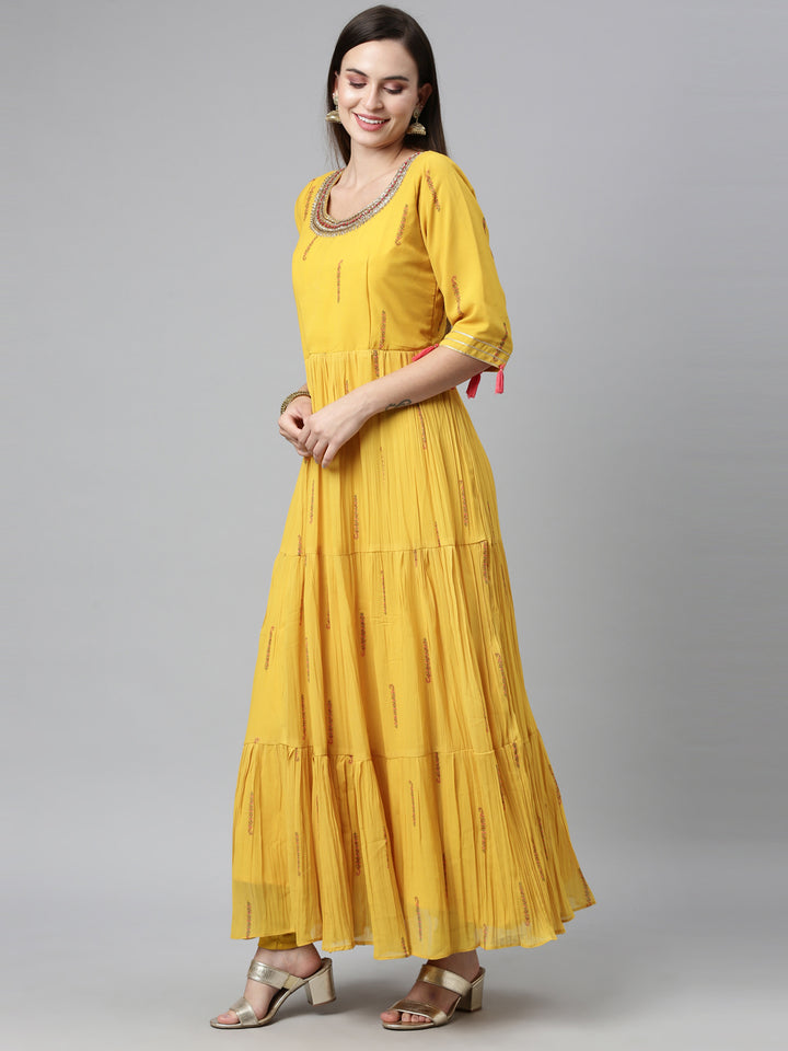 Neerus Yellow Color Poly Georgette Fabric Kurta Sets With Dupatta