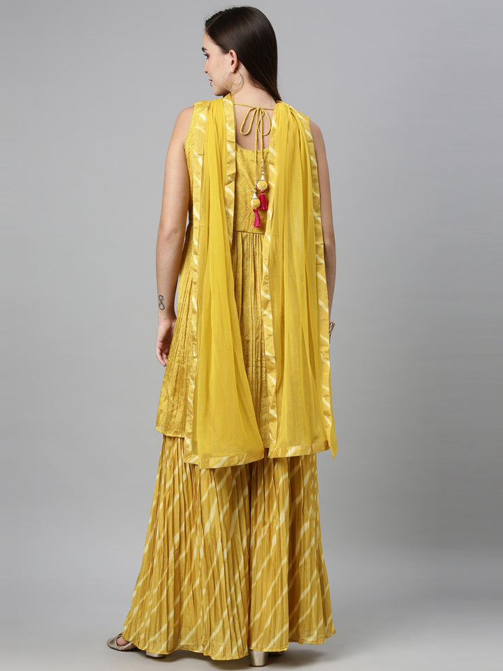 Neerus Yellow silk embroidered kurta set with sharara and dupatta - side view