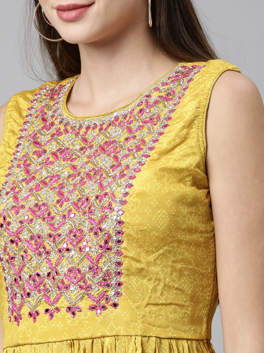 Neerus Yellow silk embroidered kurta set with sharara and dupatta - detail view 1