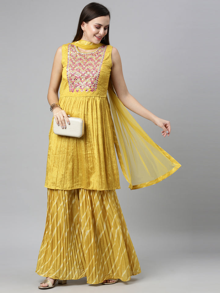 Neerus Yellow silk embroidered kurta set with sharara and dupatta - detail view 2
