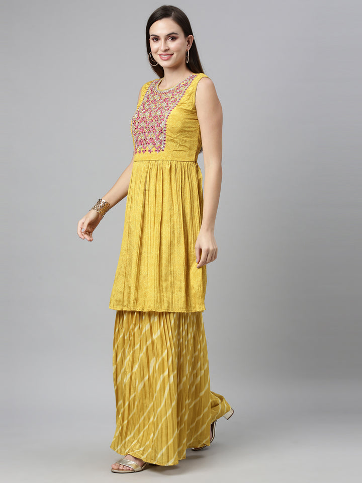 Neerus Yellow silk embroidered kurta set with sharara and dupatta - detail view 3