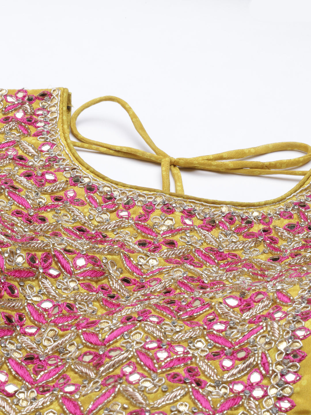 Neerus Yellow silk embroidered kurta set with sharara and dupatta - detail view 6