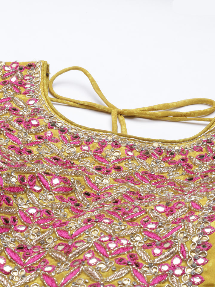 Neerus Yellow silk embroidered kurta set with sharara and dupatta - detail view 6