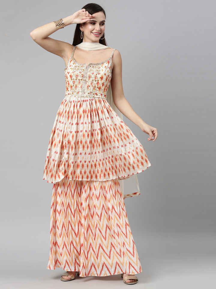 Neerus Multi silk printed kurta set with sharara and dupatta - detail view 9