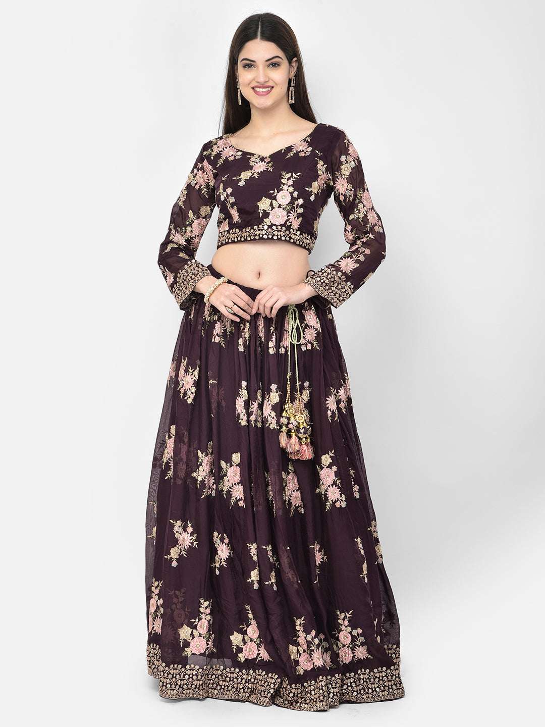 Neerus Wine Color Georgette Fabric Ghagra Set