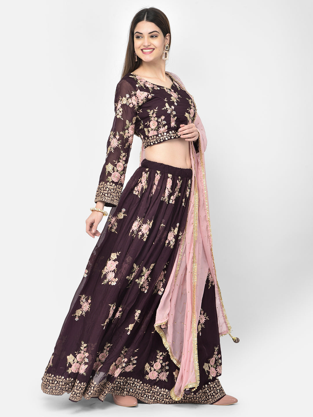 Neerus Wine Color Georgette Fabric Ghagra Set