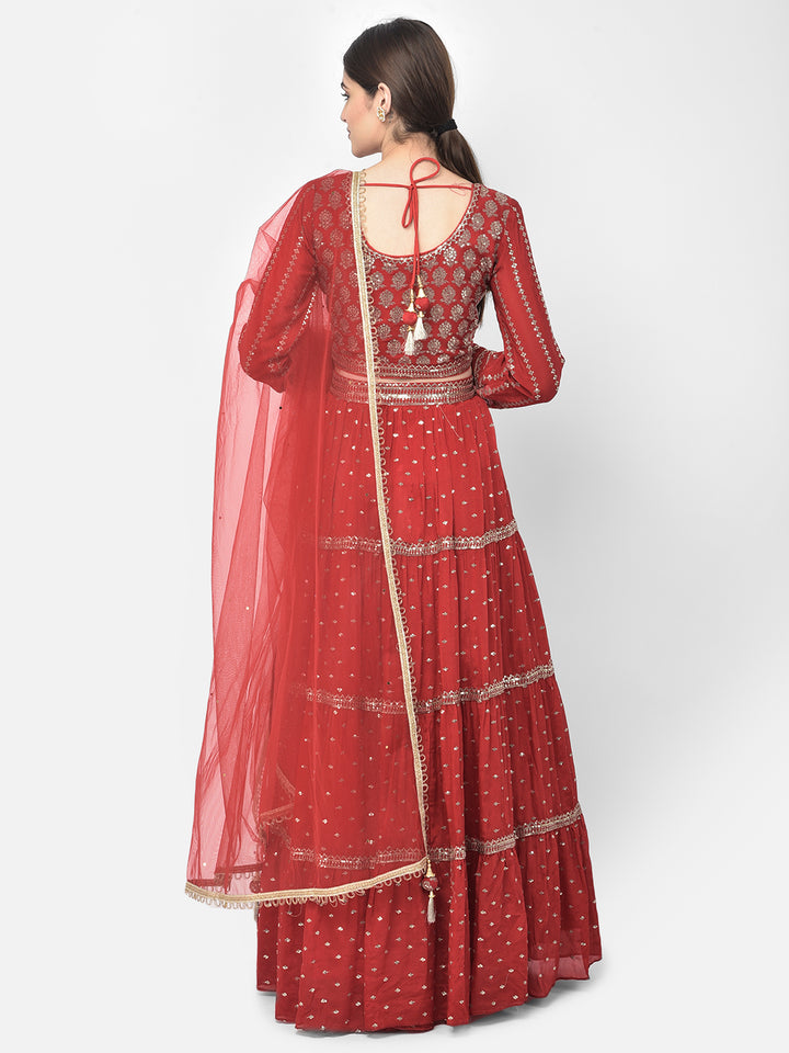 Neerus Red georgette embellished lehenga choli set - back view