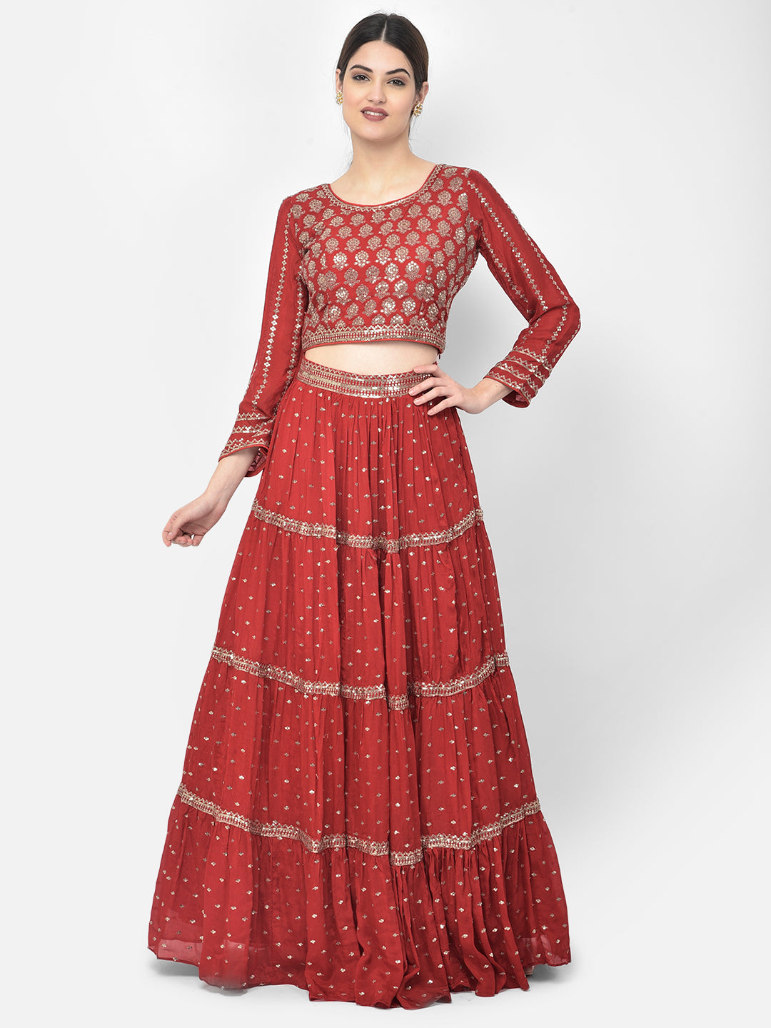 Neerus Red georgette embellished lehenga choli set - detail view 1