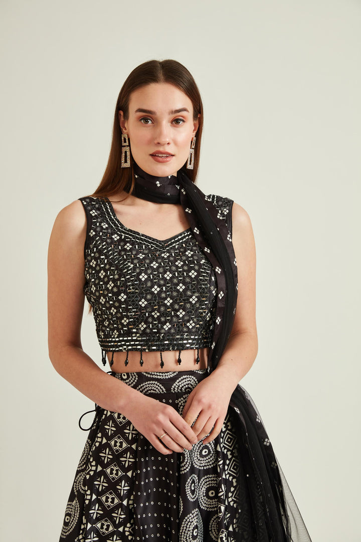 Neerus Black Colour Satin Fabric Ghagra Set