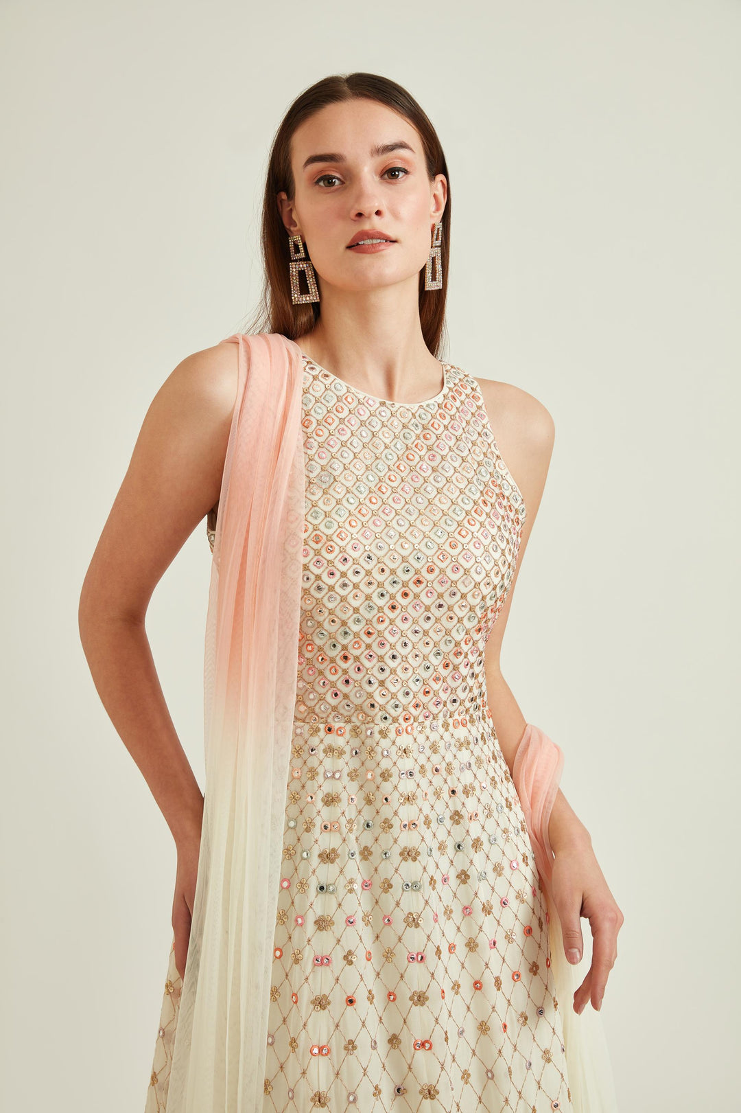 Neerus White georgette embellished kurta with dupatta - side view