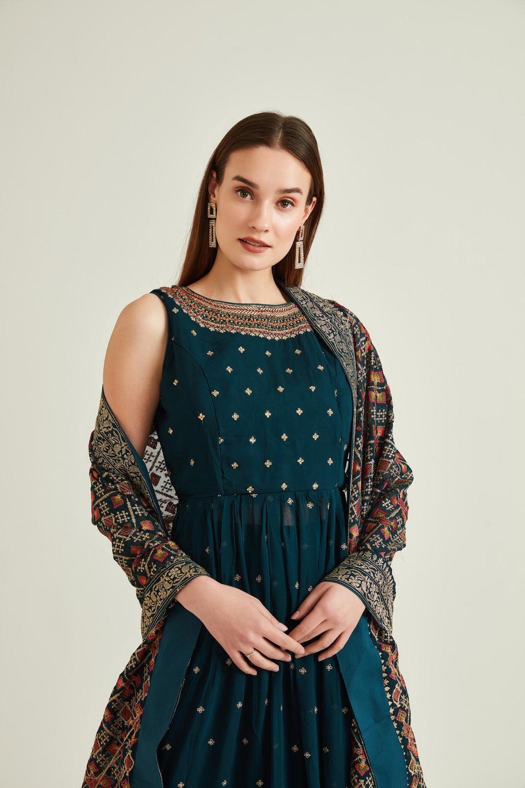Neerus Blue georgette embellished kurta set - detail view 1