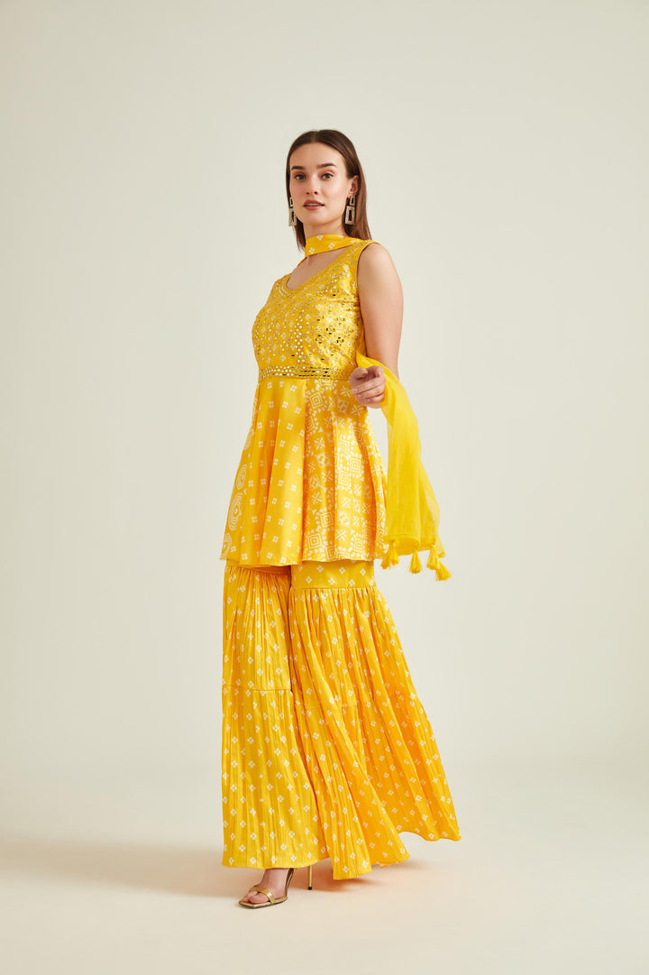 Neerus Yellow Colour Satin Fabric Suit