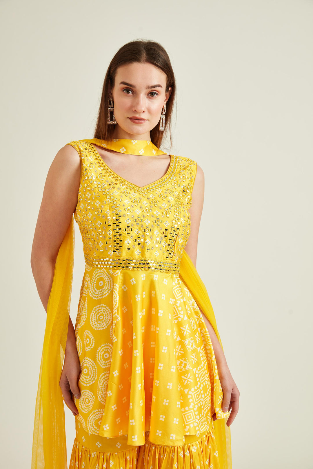 Neerus Yellow Colour Satin Fabric Suit