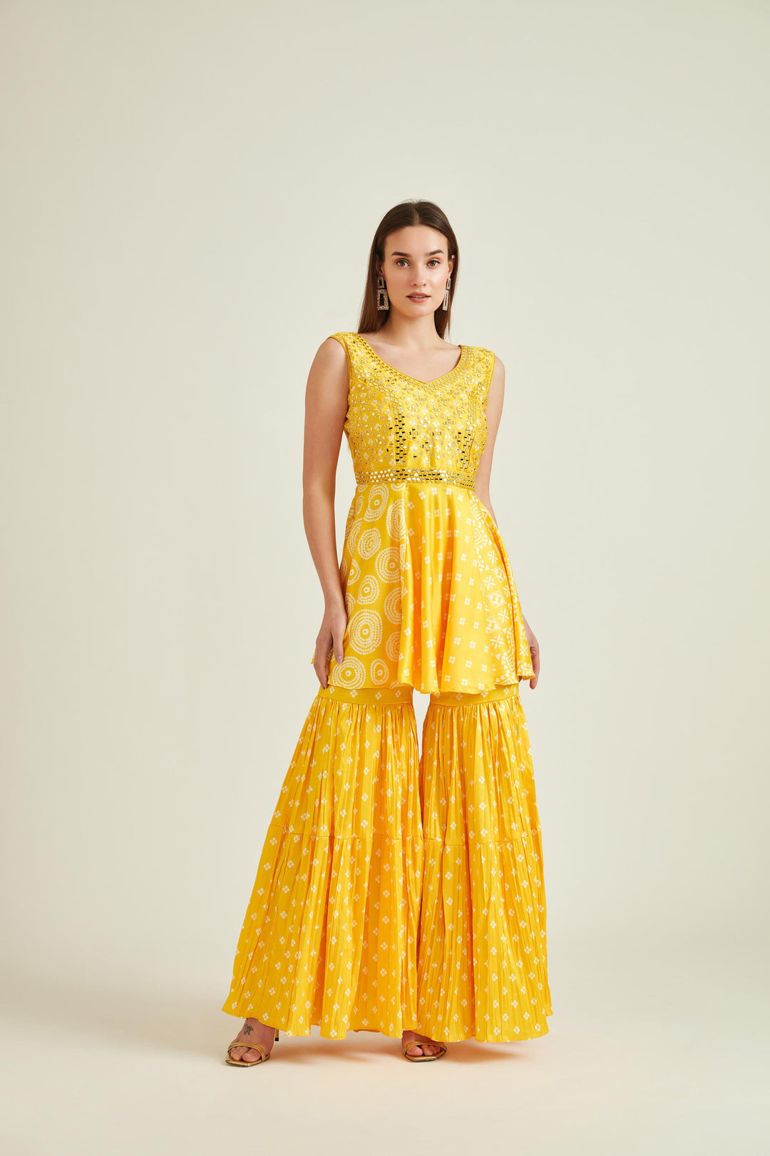 Neerus Yellow Colour Satin Fabric Suit