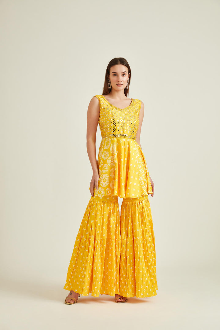 Neerus Yellow Colour Satin Fabric Suit