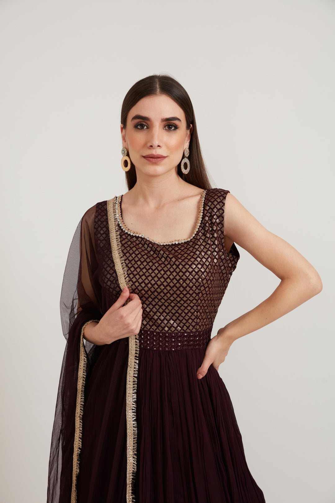 Neerus Maroon georgette anarkali suit set - side view