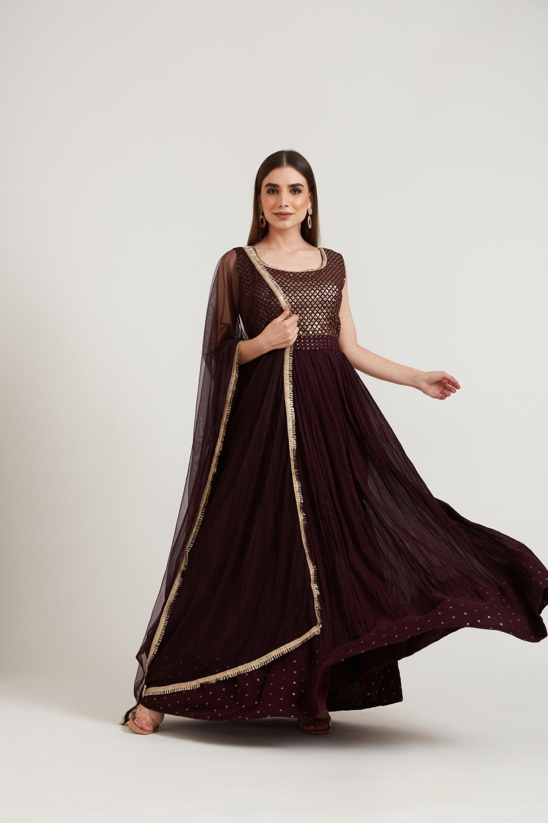 Neerus Maroon georgette anarkali suit set - detail view 1