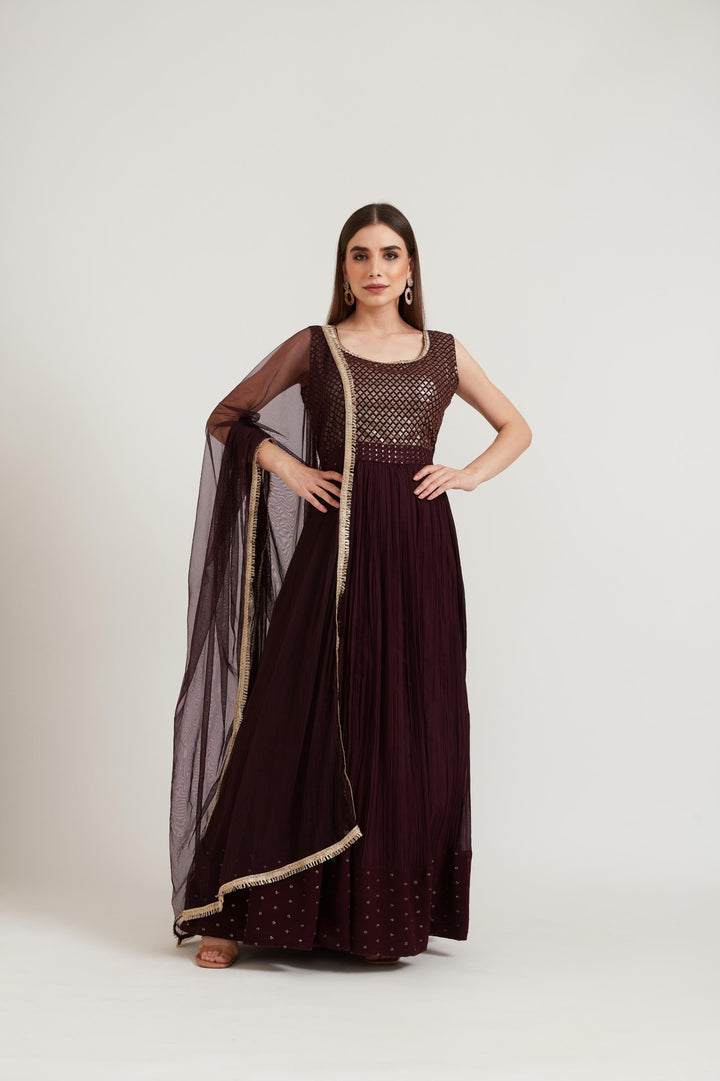 Neerus Maroon georgette anarkali suit set - front view