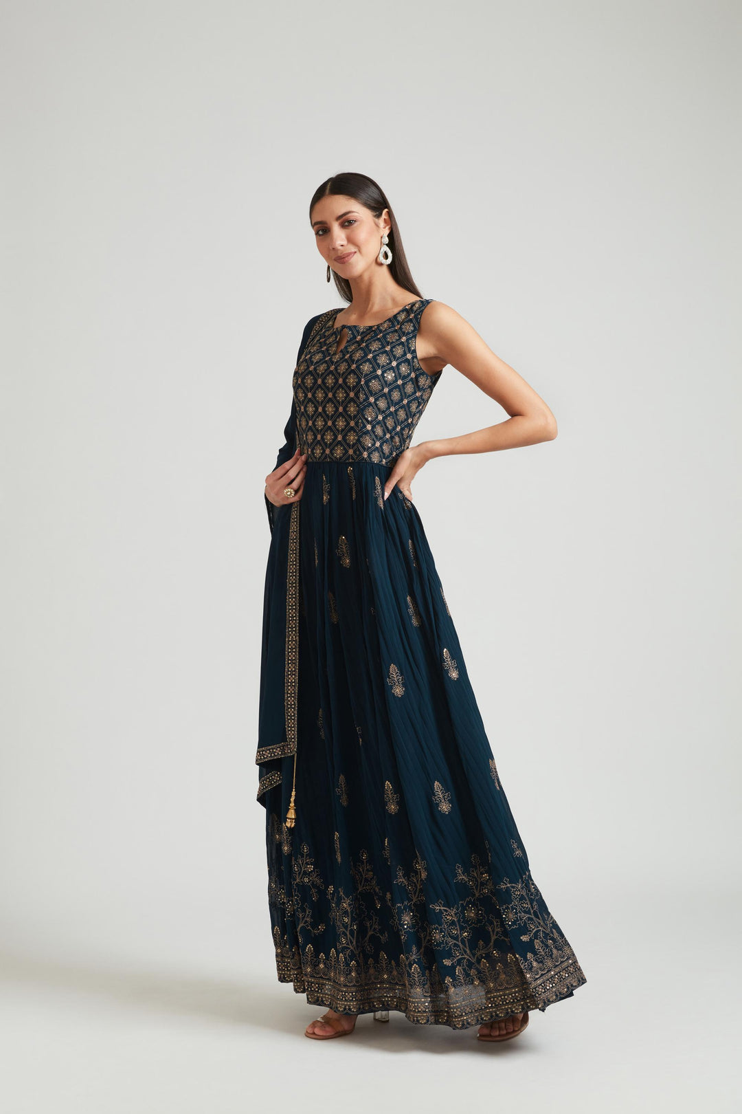Neerus Blue Georgette Gown - back view
