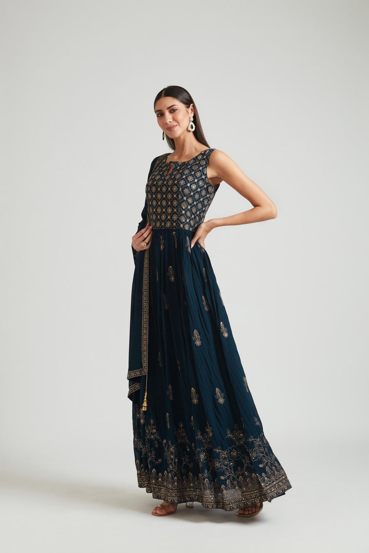 Neerus Blue Georgette Gown - back view