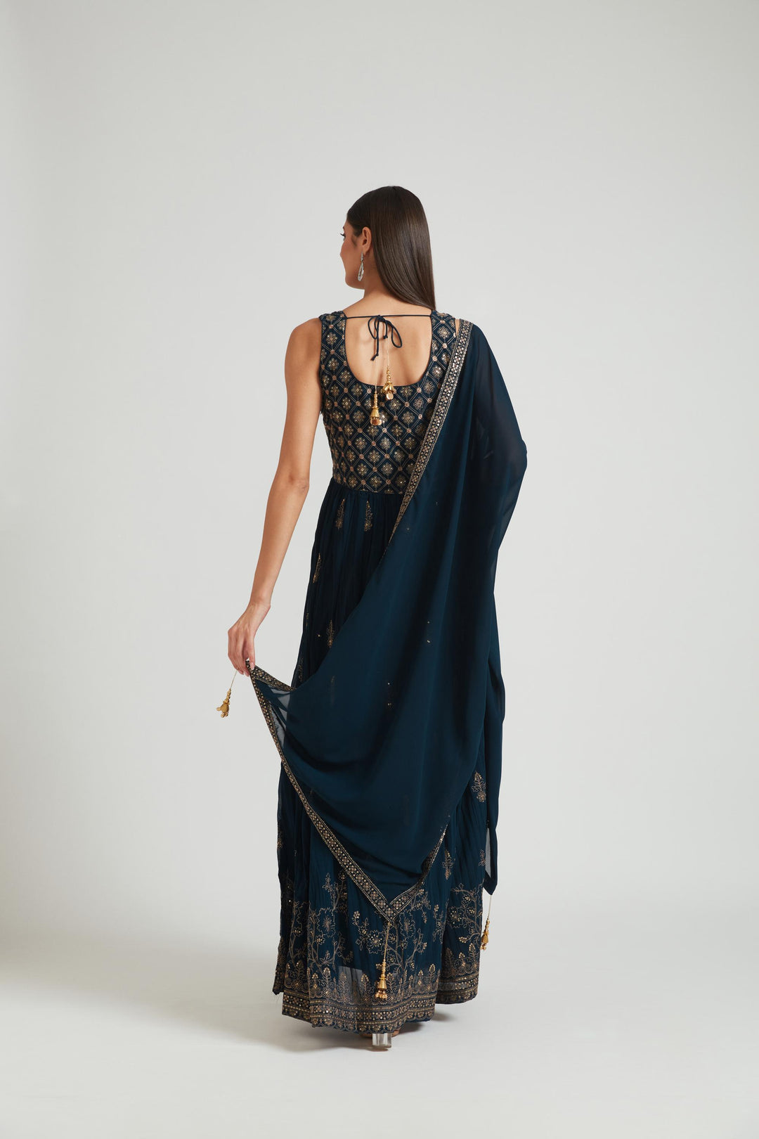 Neerus Blue Georgette Gown - side view