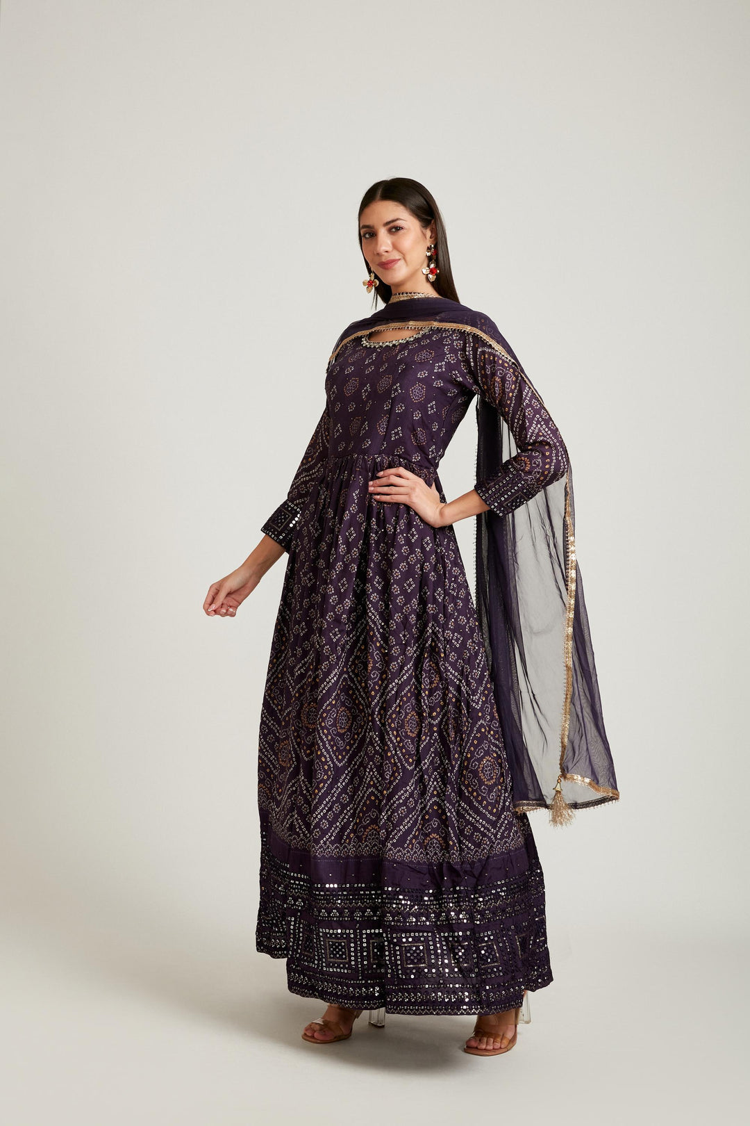 Neerus Maroon silk suit set - front view