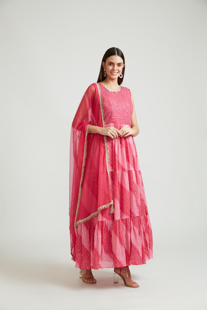 Neerus Rani Pink Color Chiffon Fabric Anarkali Suit Set