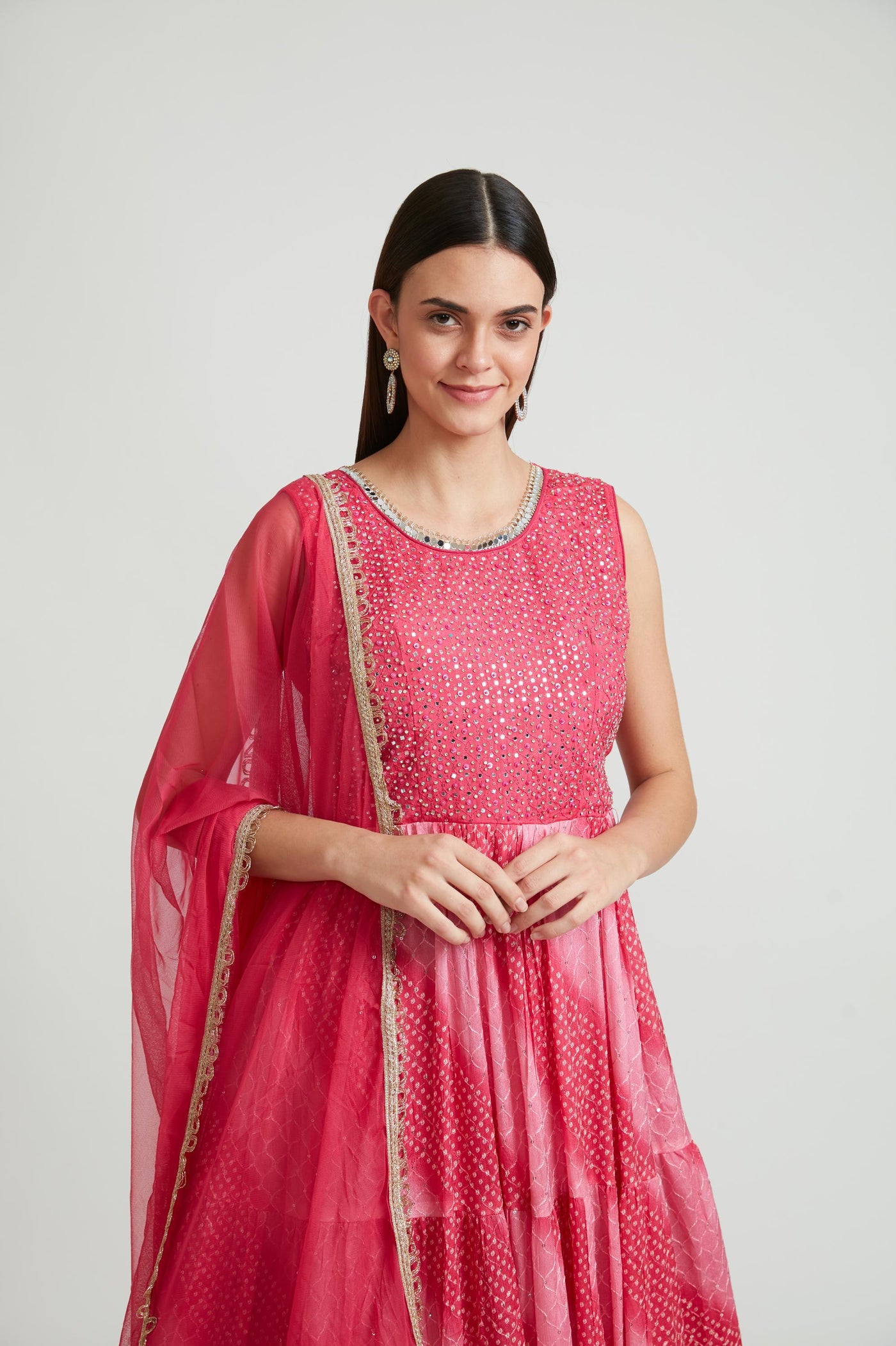 Neeru's Rani Pink Color Chiffon Fabric Anarkali Suit Set