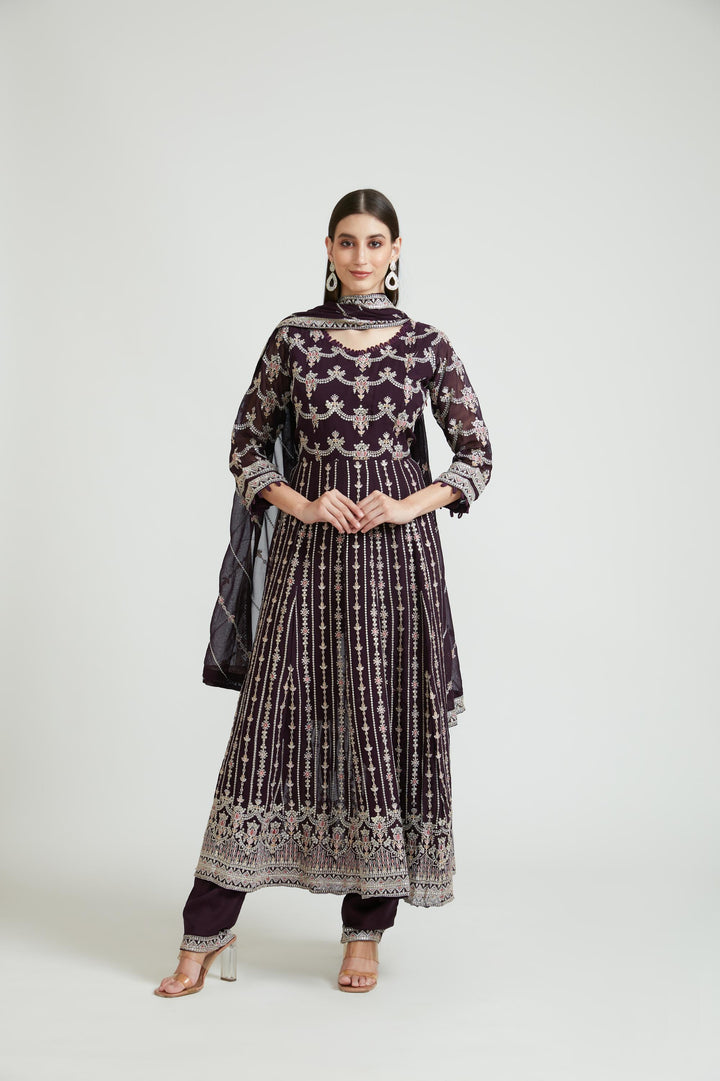 Neerus Maroon georgette ethnic kurta set - front view