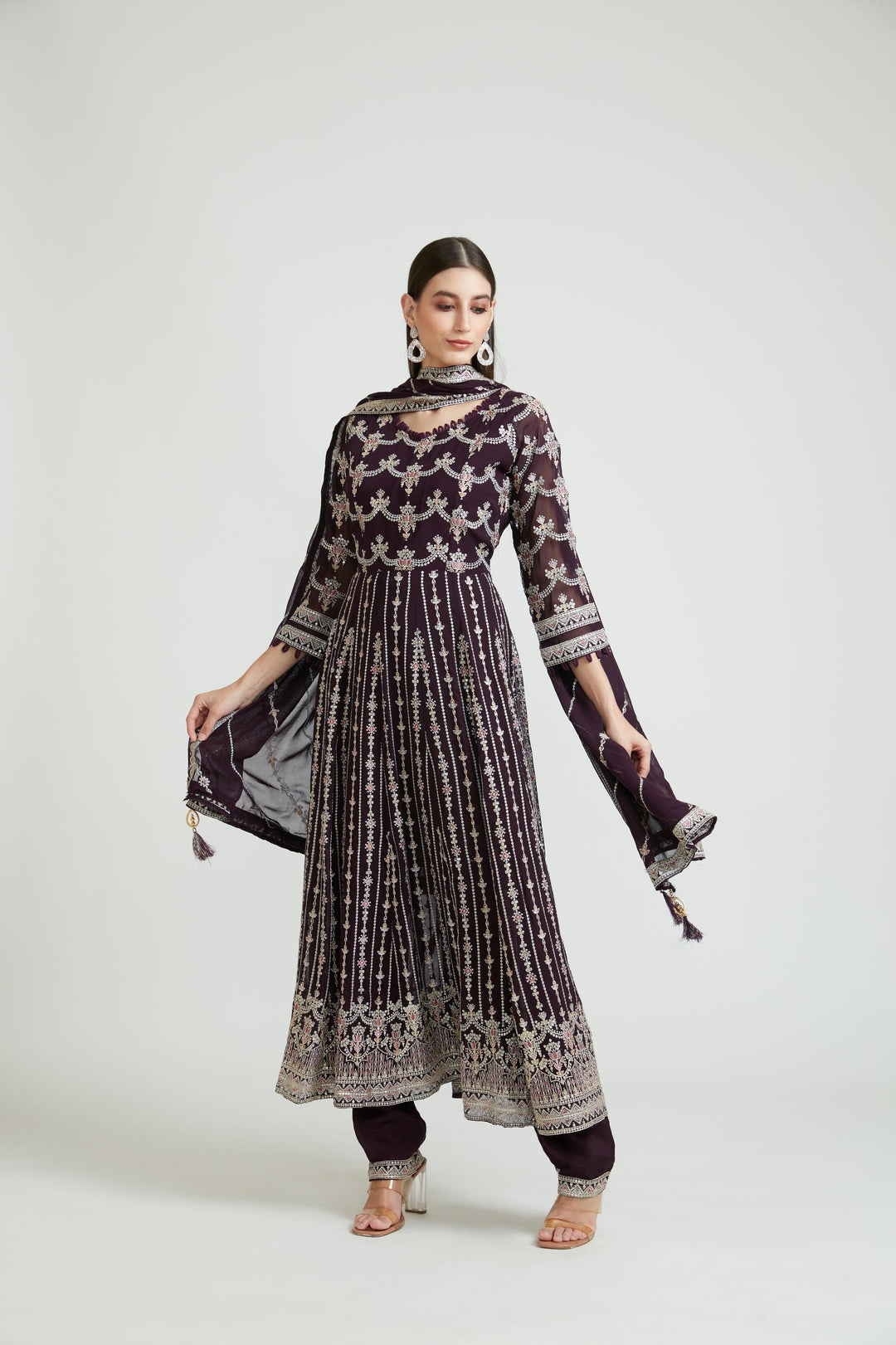 Neerus Maroon georgette ethnic kurta set - back view