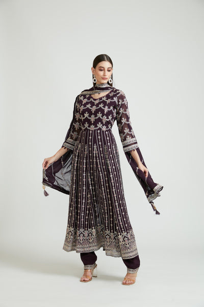 Neerus Wine Color Georgette Fabric Kurta Set